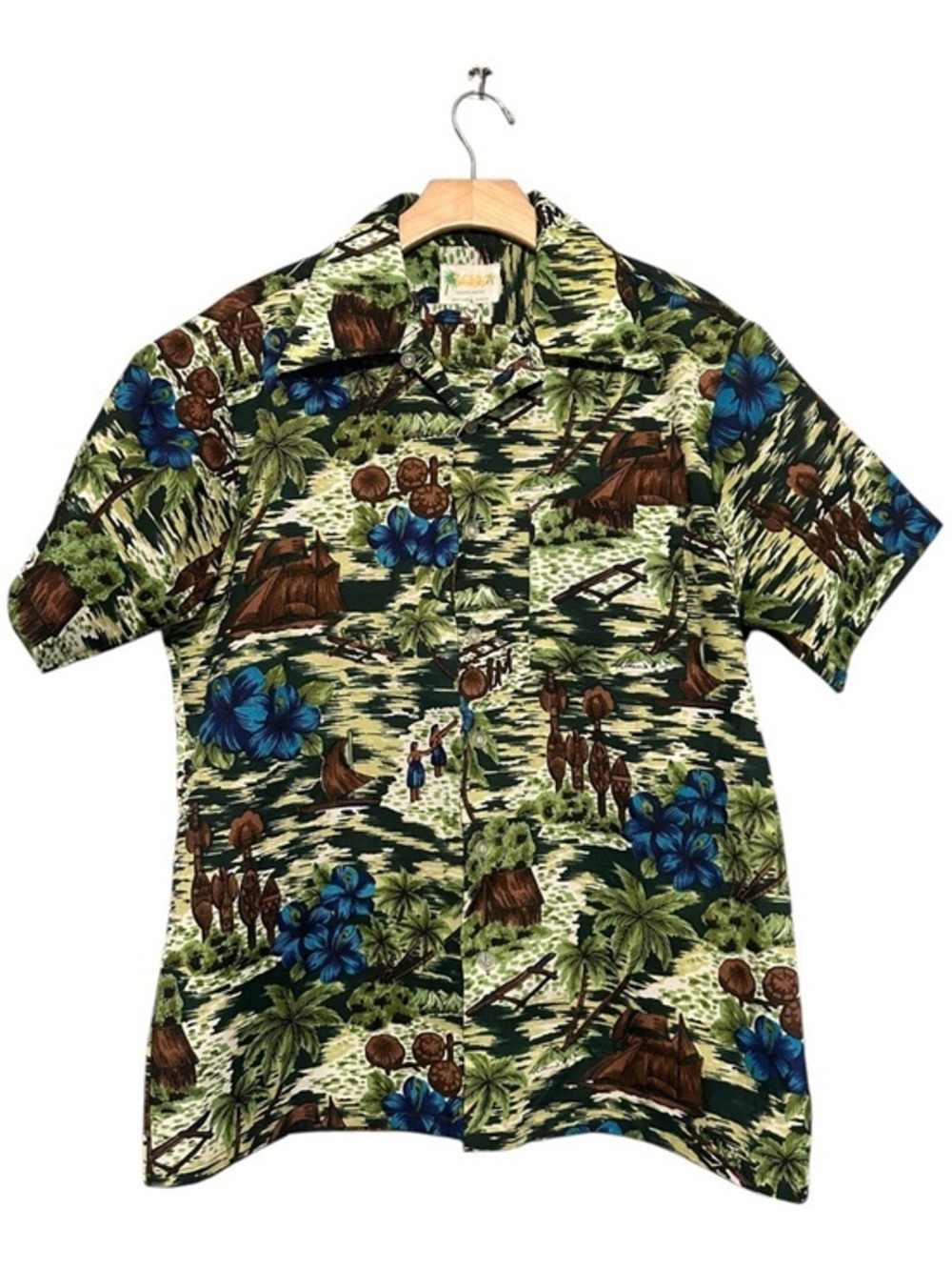 Waikiki 76 Vintage Men Size M Green Tropical Blue Hibiscus Floral Hawaiian Shirt